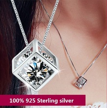 Free Shipping 925 Sterling Silver Pendant Necklace High Quality Crystal Cube Shape Woman Jewelry Wholesale