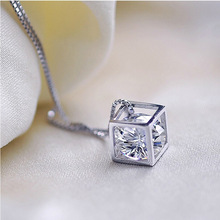 Free Shipping 925 Sterling Silver Pendant Necklace High Quality Crystal Cube Shape Woman Jewelry Wholesale