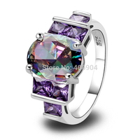 Wholesale Fashion New Oval Cut Rainbow Topaz & Amethyst 925 Silver Ring Size 7 8 9 10 Free Shipping
