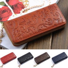 Free Shipping New Fashion Style The best Genuine Leather Zip Around Flower pattern Lady Women Long Wallet Purse Handbag 5 Color