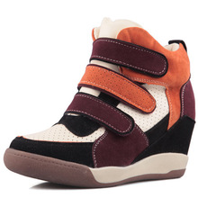 2015 Free Shipping More Color matching Genuine Leather Invisible Height Increasing Sneakers women fashion Velcro shoes