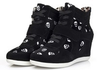 2015 Black skull pattern punk style Women Genuine Leather Velcro Boots Isabel Marant Leather shoes Height