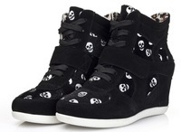 Black skull pattern punk style Women Genuine Leather Velcro Boots Isabel Marant Leather shoes Height Increasing Sneakers