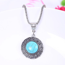 New 2014 Fashion Natural Chain Turquoise Necklaces Round Tibetan Silver Pendant for Women Jewelry