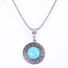 New 2014 Fashion Natural Chain Turquoise Necklaces Round Tibetan Silver Pendant for Women Jewelry