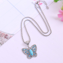 2014 Newest Fashion Butterfly Turquoise Necklaces Jewelry Vintage Tibetan Silver Pendants Free Shipping