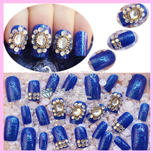 Dark blue background, Above a Rhinestone Decoration Stiletto Nail Natural Tips Wedding Styling Tools Artificial Fingernail 24pcs