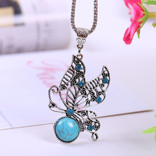Vogue Hollow Antique Silver Plated Turquoise Necklaces with Crystals Lovely Butterfly Pendants For Women Gift on Christmas Day