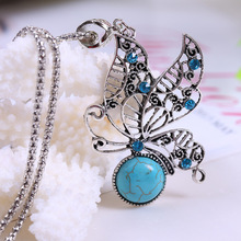 Vogue Hollow Antique Silver Plated Turquoise Necklaces with Crystals Lovely Butterfly Pendants For Women Gift on