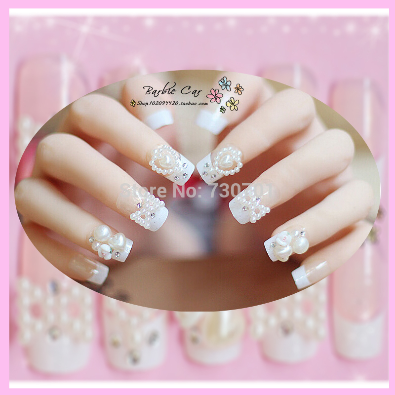 White Pearl Decoration False Nails Wedding Elegant Nails Tips 3D Artificial Fingernails 24Pcs Lot Free Shipping