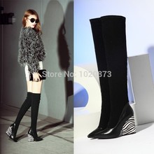 2014 New fashion Women Over knee High heels boots women snow winter warm fur long boots pointed toe solid boots EUR size33-41