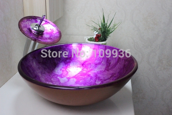 Dark Purple Orchids Tempered Glass Vessel Sink With Waterfull Faucet ...