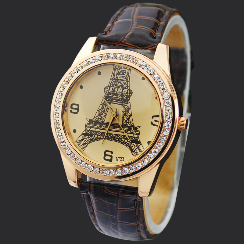 New Brown Eiffel Tower Lady Girls Women s Jewelry Diamond Xmas Gifts Hours Quartz Clocks Analog