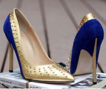 Free shipping 2014 new star style fashion ladies shoes punk rivets women pumps pointed toe sexy blue gold high heels shoes brand