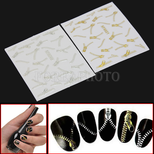 Hot 2Pcs Zips Zipper Style Nail Art Stickers Fingernail Decals DIY Decoration