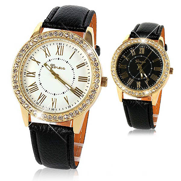 Free Shipping Women s Golden Bling Crystal Faux Leather Strap Analog Quartz Wrist Watch