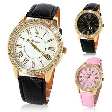 Free Shipping Women s Golden Bling Crystal Faux Leather Strap Analog Quartz Wrist Watch