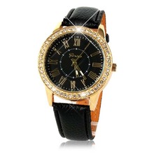 Free Shipping Women s Golden Bling Crystal Faux Leather Strap Analog Quartz Wrist Watch