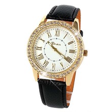 Free Shipping Women s Golden Bling Crystal Faux Leather Strap Analog Quartz Wrist Watch