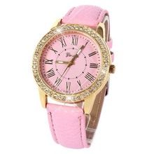 Free Shipping Women s Golden Bling Crystal Faux Leather Strap Analog Quartz Wrist Watch