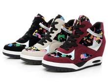 2014 Autumn Graffiti Sneakers Women Leather Shoes Increased Genuine Leather Patchwork Sports Shoes Woman