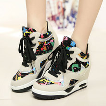 2014 Autumn Graffiti Sneakers Women Leather Shoes Increased Genuine Leather Patchwork Sports Shoes Woman