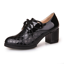 Microfiber PU leather black white Women wedding Pumps,New 2014 Autumn ladies lace up work round Toe Square Med heels woman shoes