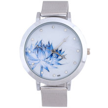 2014 New Wristwatch silver Steel Case Women Dress Watch Lotus Flower Casual Watches Analog Quartz Unisex