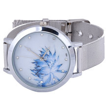 2014 New Wristwatch silver Steel Case Women Dress Watch Lotus Flower Casual Watches Analog Quartz Unisex