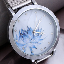 2014 New Wristwatch silver Steel Case Women Dress Watch Lotus Flower Casual Watches Analog Quartz Unisex