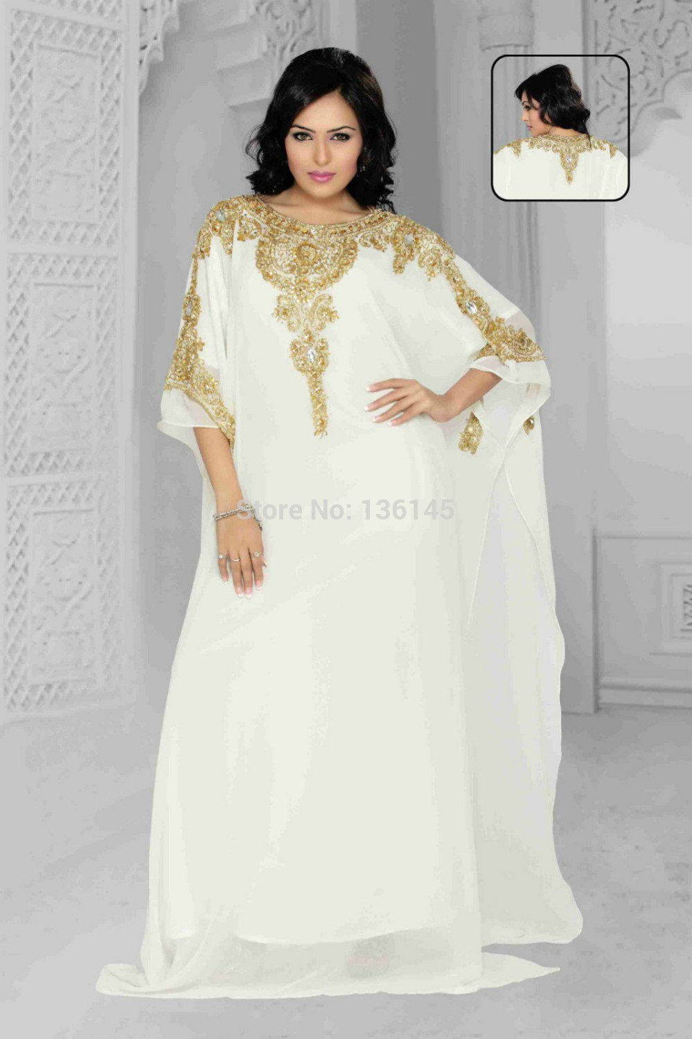 White Chiffon Long Sleeve Gold beads Sequin Kaftan Abayas arabic dubai ...