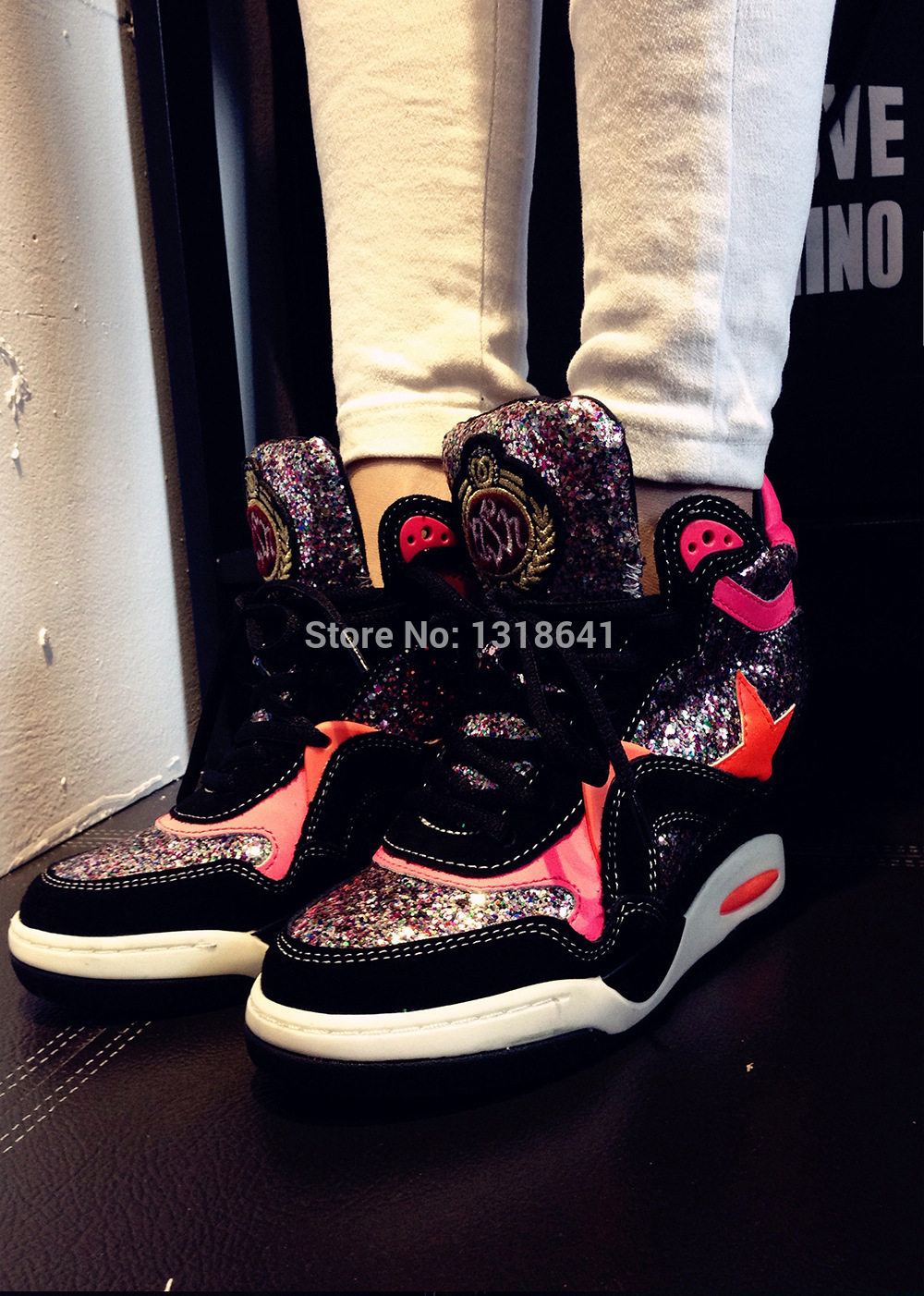 2014 Winter New Fashion Leather Lace up Thick Platform Height Increasing Inside Women Gillter Leather High