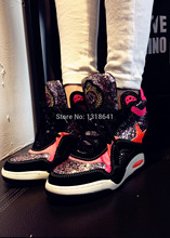 2014 New Leather Lace-up Thin Platform Height Increasing Inside Women Gillter Leather High-top Sneakers Shoes