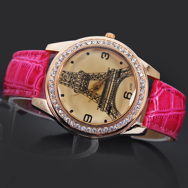 Newest Rose Red Women s Ladies Girls Eiffel Tower Style Jewelry Diamond Gifts Hours Quartz Clocks