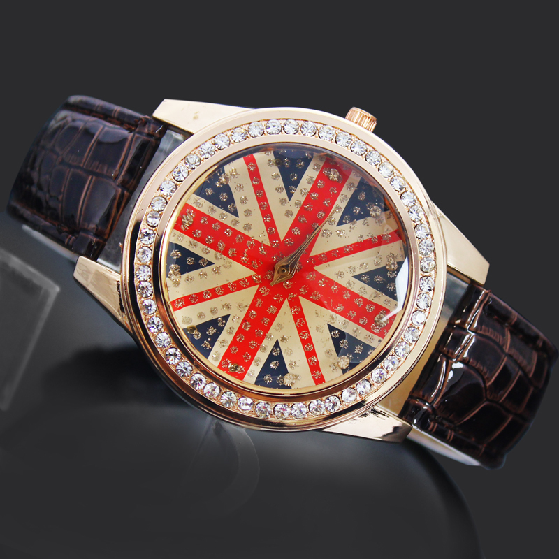 Stylish Brown Women s Ladies Girls UK Flag Style Jewelry Diamond Gifts Hours Clock Quartz Clocks