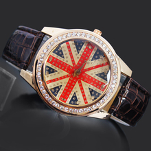 Stylish Brown Women’s Ladies Girls  UK Flag Style Jewelry Diamond Gifts Hours Clock Quartz Clocks Wrist Watches, Free Shipping