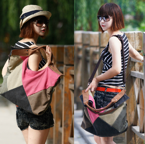 Fashion patchwork canvas bag handbag women s handbag 2014 women s shoulder bag messenger bag free