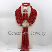 Luxury Red Nigerian Wedding African Beads Jewelry Set Big Crystal Bridal Jewelry Set New Free Shipping