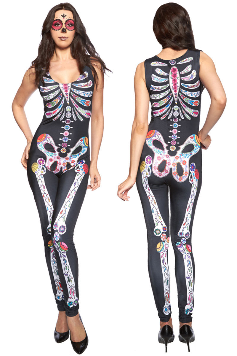 Sexy halloween costume ideas brand women rompers womens jumpsuit 2014 Fashion Skin-tight Skeleton Bodysuits 88540