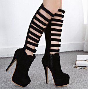 Fashion sexy women knee high boots cut out Premium leather upper zip closure stacked style stiletto