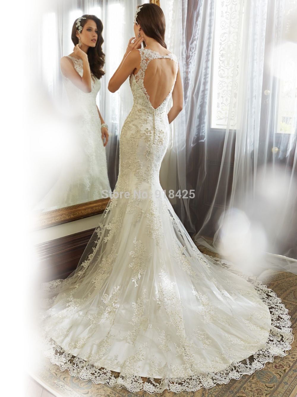 2015 Lace Wedding Dresses Keyhole Back Mermaid Bridal Gown Beaded ...