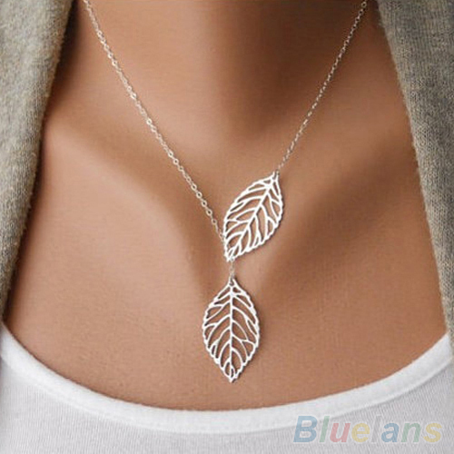 Simple 2 Leaves Choker Necklace Collar Statement Necklace Women Jewelry 1OU5