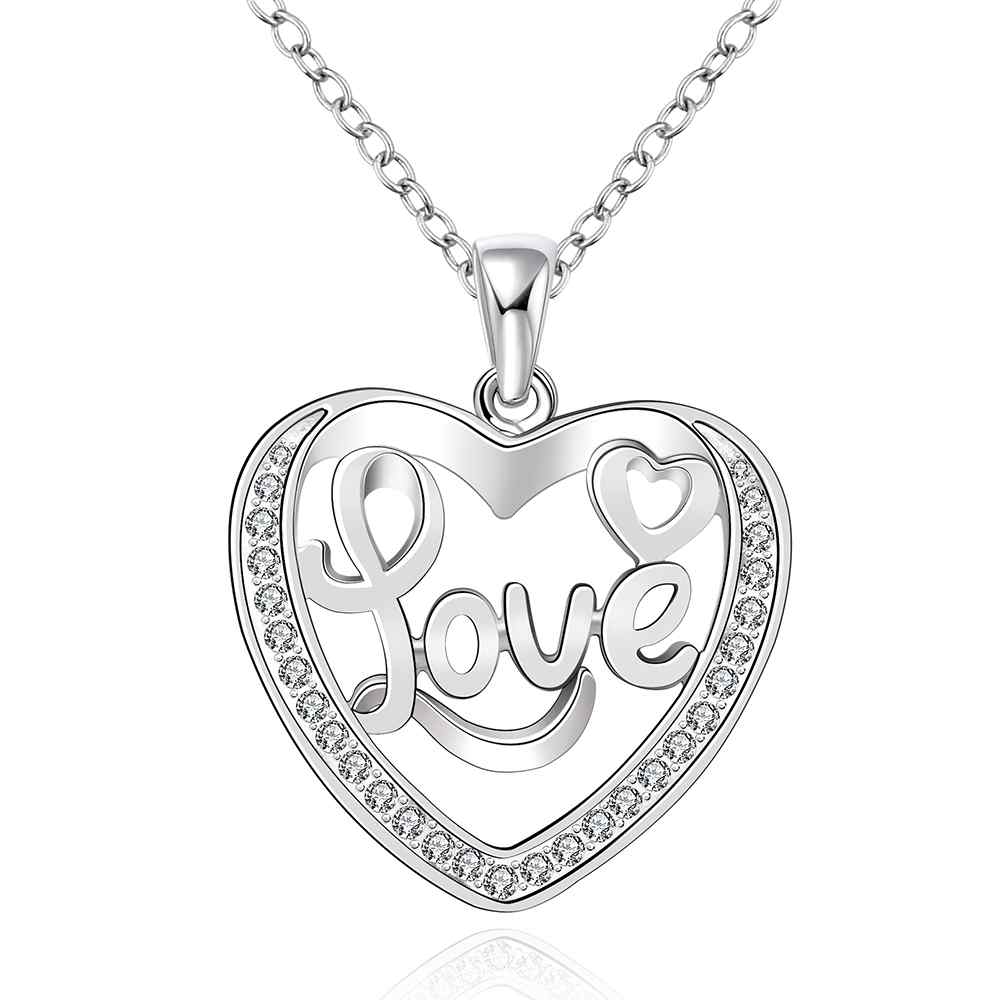 Promotion free shipping wholesale Silver plated necklace silver fashion jewelry love word in heart Necklace SMTN634