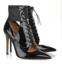 2014 new supper sexy pointed toe cut out ankle boots high stiletto heels lace up ladies booties black plus size 35-40