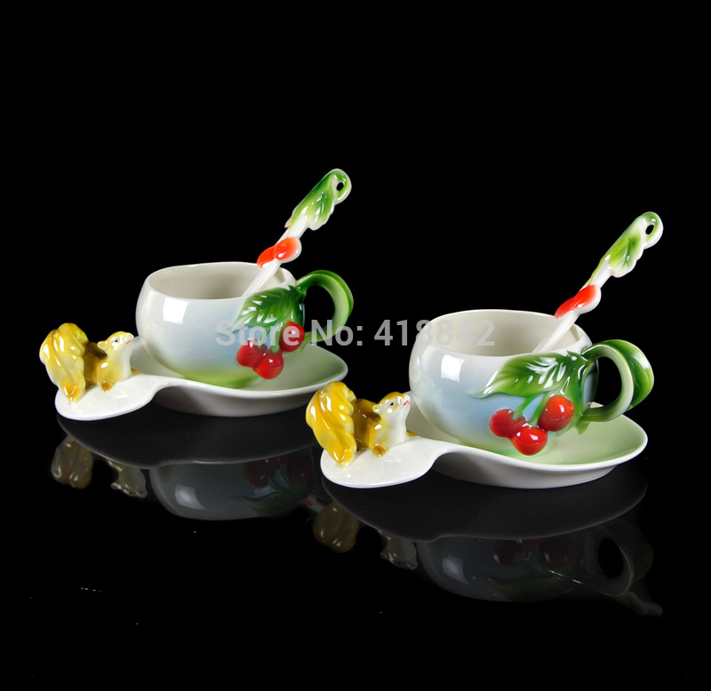 Porcelain Lively Squirrel Picked Fruit Coffee Set 2Cup 2Saucer 2Spoon