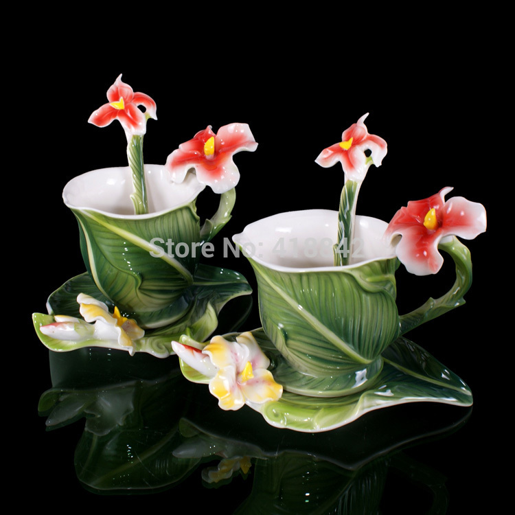 6PCS Elegant Canna porcelain Coffee Set 2Cup 2Saucer 2Spoon Christmas Gift
