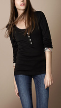 Free shipping autumn female models breathable solid round neck long-sleeved T-shirt Slim ladies clothes simple button placket