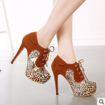 2014 new fashion leopard women ankle boots high heels platform lace up sexy ladies booties shoes