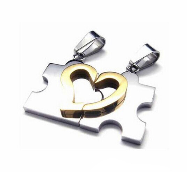 2Pcs Trendy Romantic Stainless Steel Heart Love Puzzle Jagsaw Lovers Necklace Beads Couple Necklace Love Gift
