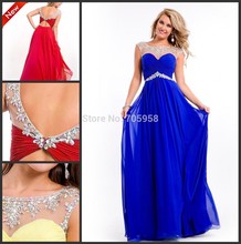 2014 New Elegant A-line Sleeveless Chiffon long evening dresses Backless Party Evening Crytal Elegant Gown Free Shipping
